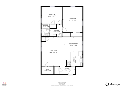 Floor plan for 2 beds, 1 bath, 842 sqft